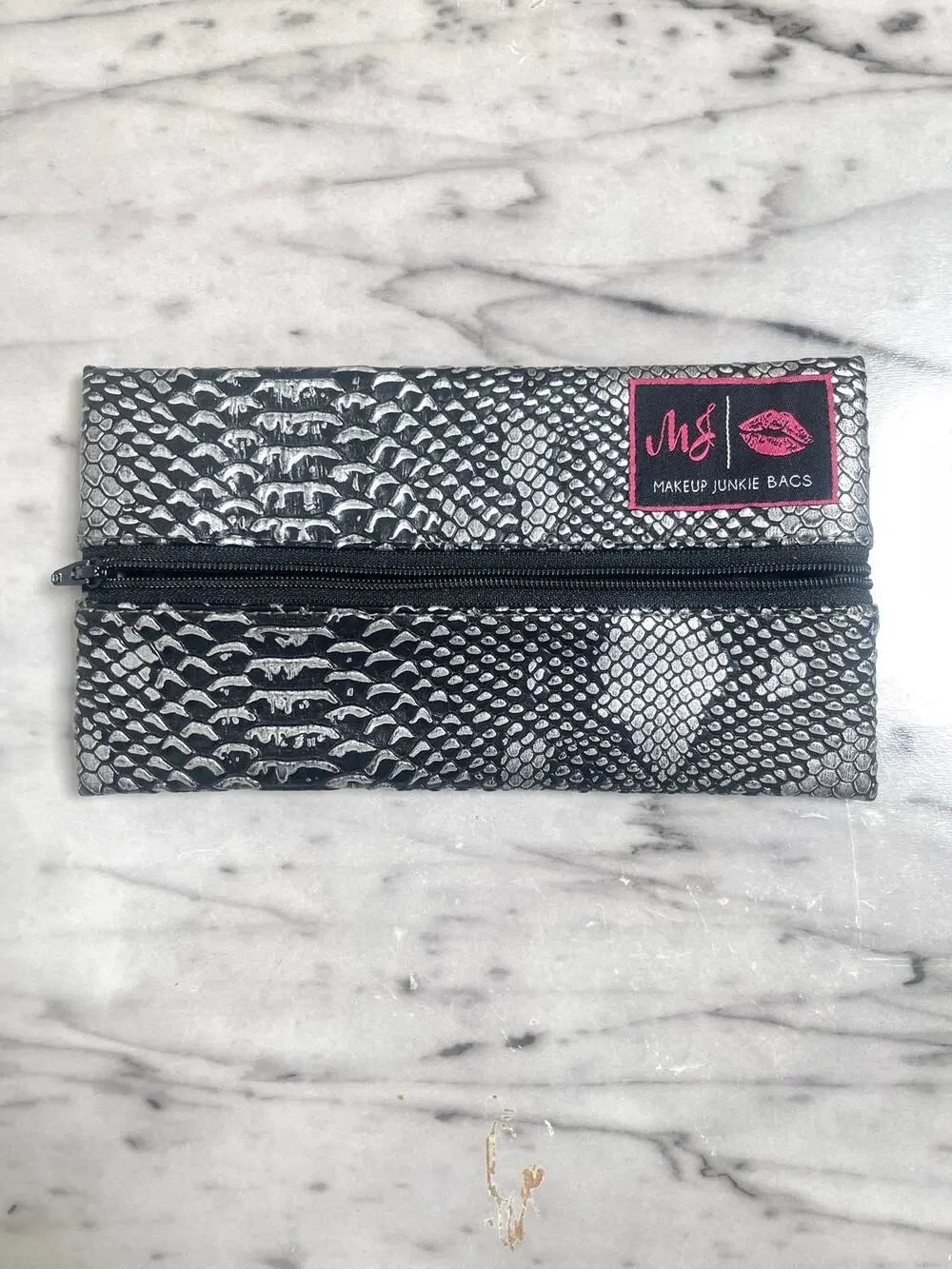 Makeup Junkie Bags Metallic Snakeskin Lay-Flat Cosmetic Pouch Bag Size Mini